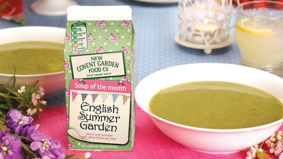 New Covent Garden Foods Soup of the Month packaging range - English Summer Garden. Cambridge design agency, Cambridge photography, illustration, typography, Cambridge print, design, packaging, photography, advertising, printed materials, website design, 3D animation,